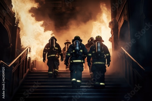 A firefighter complete with firefighting suit and gear is bravely running. In the background, the fire is raging and rising. photo