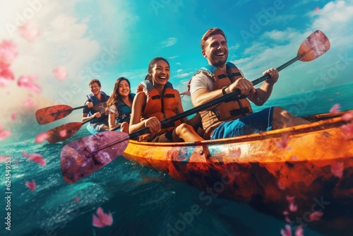 A close - up shot of a group of friends engaged in kayaking or rafting on a fast - flowing river with rocky cliffs in the background