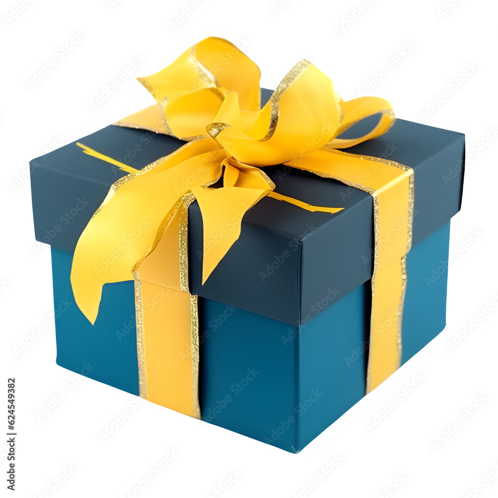 blue gift box tied with yellow ribbon isolated on transparent background ,generative ai