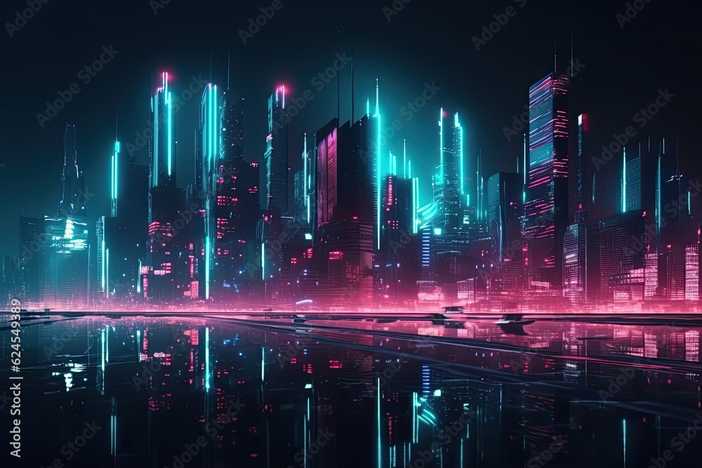 Modern cyberpunk night city landscape with illuminated futuristic buildings of metropolis with light reflection on water surface, created with Generative AI Modern cyberpunk night city landscape with illuminated futuristic buildings of metropolis with light reflection on water surface, created with Generative AI
