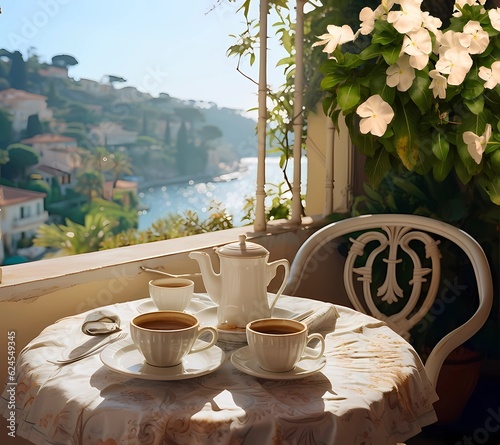 Fotografia beautiful morning cup of coffee by the sea in Portofino romantic resort at summe