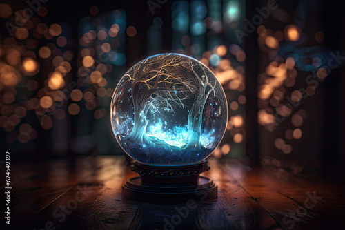 Magical crystal ball or fortune teller with mysterious glowing trees inside on sparkling dark background, created with Generative AI
