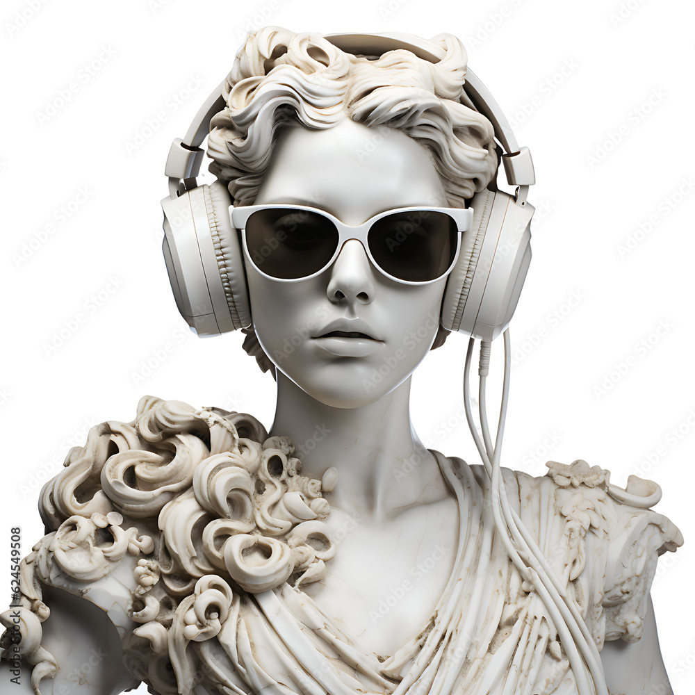 Ancient female marble greek sculpture wearing headphones and sunglasses ...