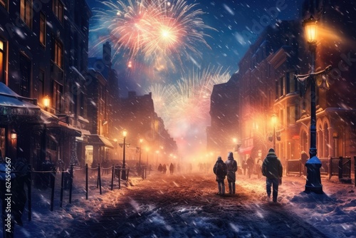 Winter fireworks over snow-covered landscape on Christmas Eve to ring in the New Year