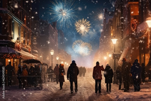 Winter fireworks over snow-covered landscape on Christmas Eve to ring in the New Year