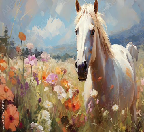 Horse in the field  A  white horse  with true features  in a field of colourful  flowers light blue sky and clouds with detailed artwork.