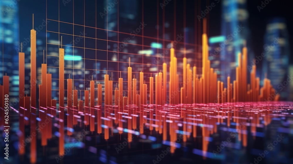 Glowing charts representing ups and downs. Financial market movement, stock market concept. Market trend. Generative AI Glowing charts representing ups and downs. Financial market movement, stock market concept. Market trend. Generative AI
