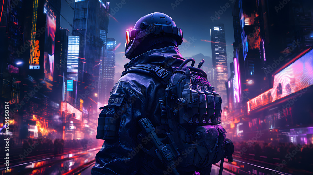 Ein Mann steht vor einer Futuristischer City Skyline im Stil von Cyberpunk 2077  Generative AI - obrazy, fototapety, plakaty 