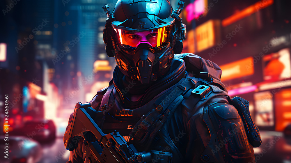 Ein Futuristischer Soldate in Stil von Cyberpunkt 2077 City Hintergrund Generative AI