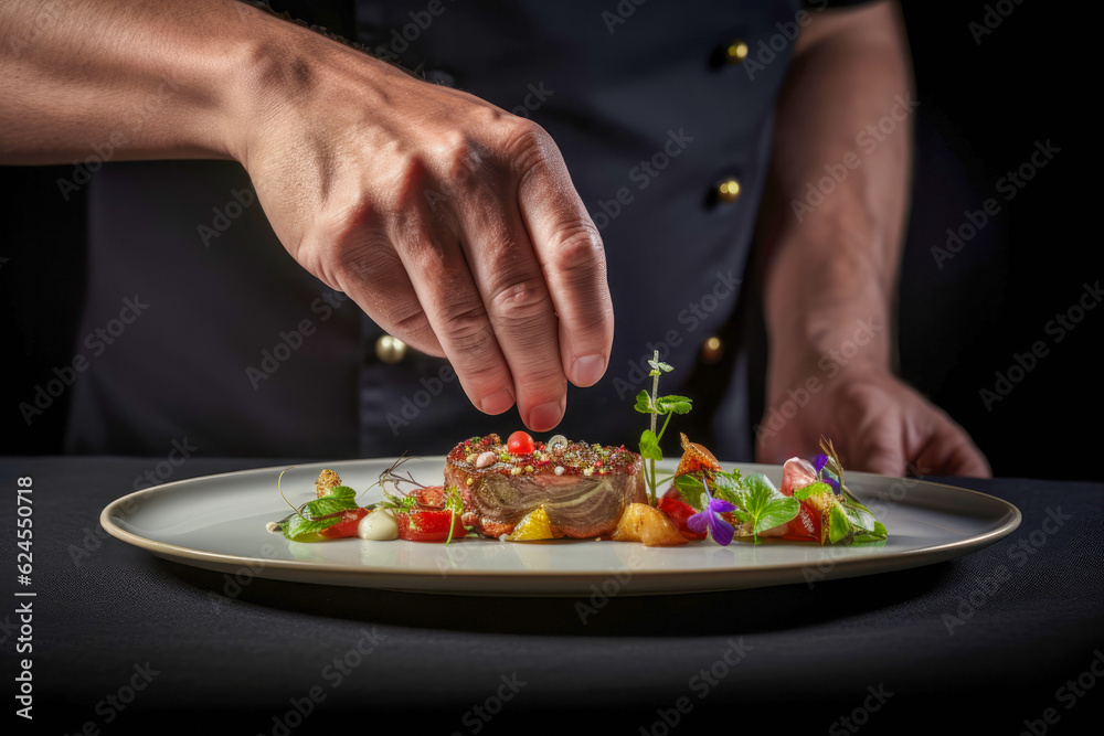 Plating an elegant restaurant plate with artistic food arrangement, highlighting the beauty and sophistication of modern food presentation