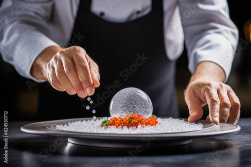 Photo Molecular gastronomy: A close-up shot of a chefs hands preparing a molecular gas