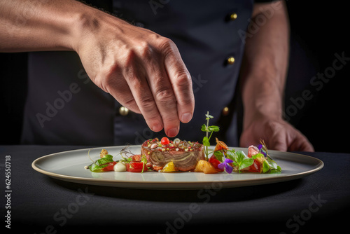 Plating an elegant restaurant plate with artistic food arrangement, highlighting the beauty and sophistication of modern food presentation