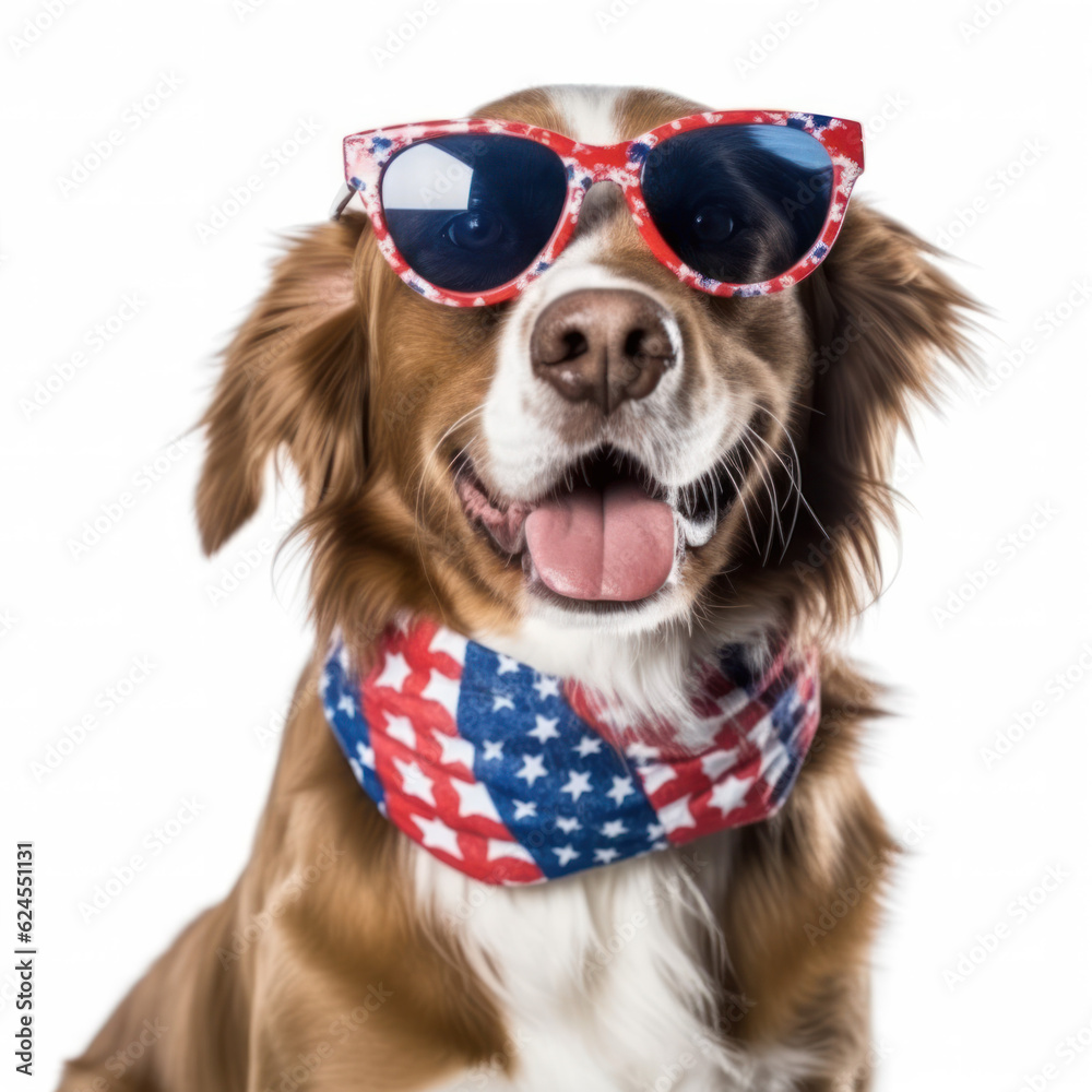 cheerful patriotic dog wearing sunglasses and bandanna with american flag pattern on a white background. Generative AI