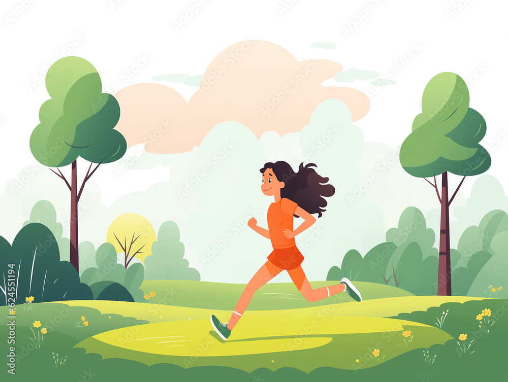 Cheerful young woman running in park, illustration style