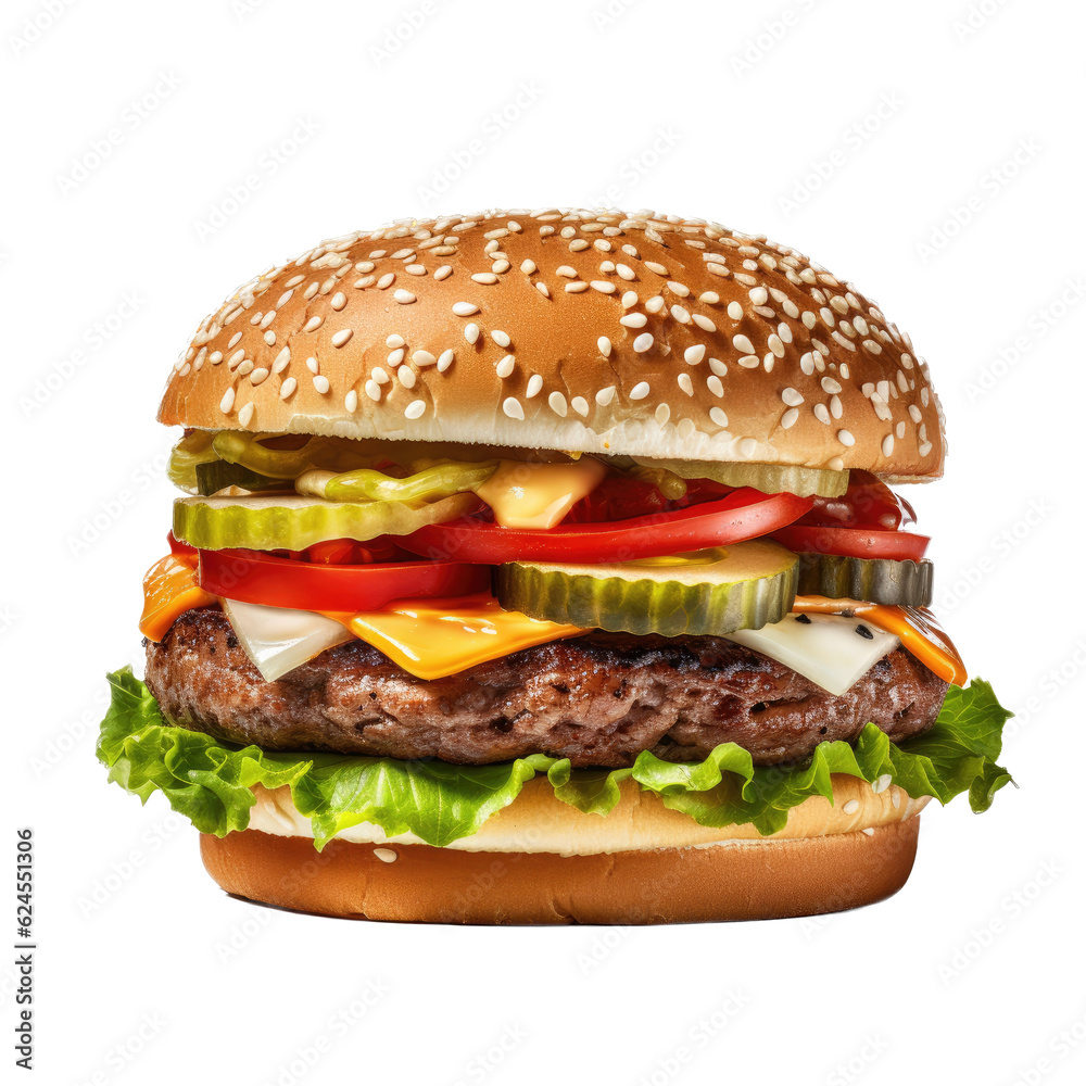 a delicious Cheeseburger, juicy, with lettuce, pickles, onions, and tomatoes on a bun in a Food-themed, photorealistic illustration in a PNG, cutout, and isolated. Generative AI a delicious Cheeseburger, juicy, with lettuce, pickles, onions, and tomatoes on a bun in a Food-themed, photorealistic illustration in a PNG, cutout, and isolated. Generative AI