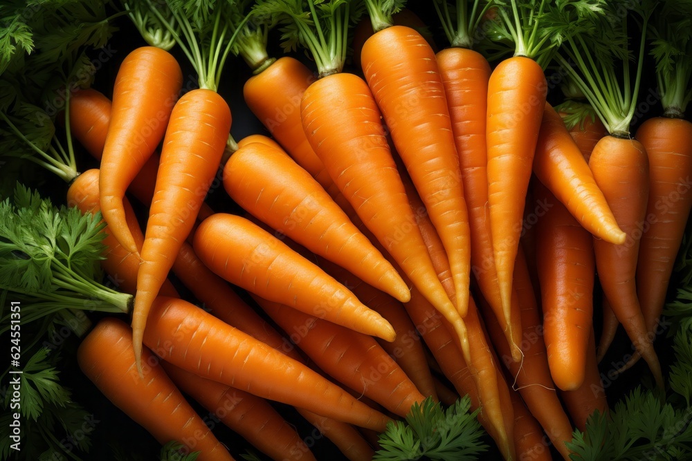 A market table decorated with a bunch of fresh orange carrots, serving as a background wallpaper for a healthy food backdrop. Close up. AI generative. A market table decorated with a bunch of fresh orange carrots, serving as a background wallpaper for a healthy food backdrop. Close up. AI generative.
