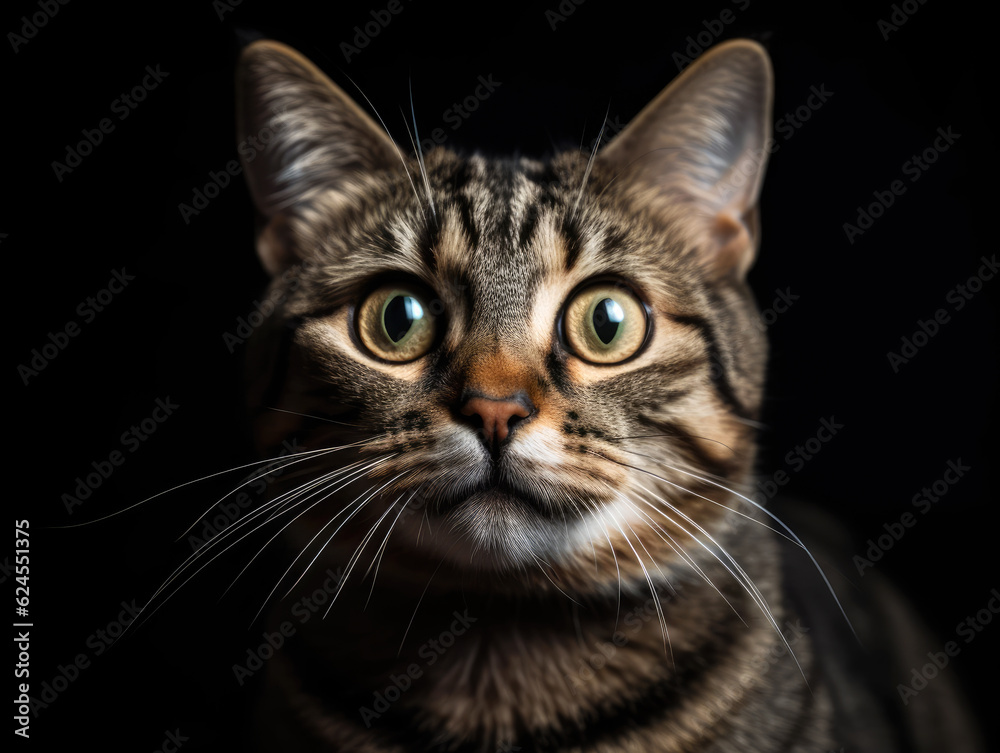 Cute tabby cat portrait and isolated black background. Generative AI