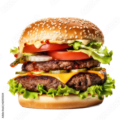  a delicious Cheeseburger, juicy, with lettuce, pickles, onions, and tomatoes on a bun in a Food-themed, photorealistic illustration in a PNG, cutout, and isolated. Generative AI