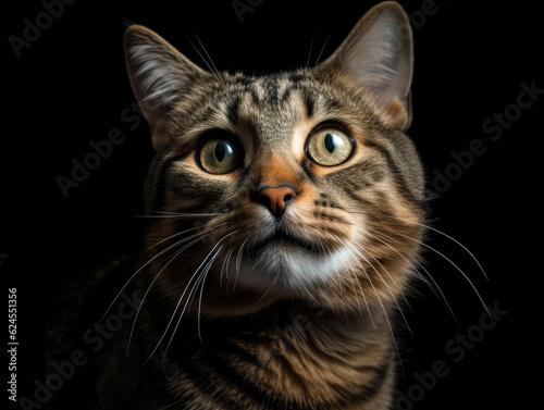 Cute tabby cat portrait and black background. Generative AI