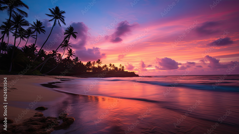 Paisaje de atardecer en una playa con palmeras y colores de tonos malvas y rosas.  Ilustracion de Ia generativa