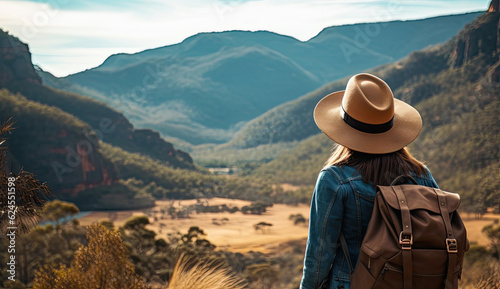 mujer con camisa vaquera y sombrero claro de paja, con una mochila a la espalda, observando un paisaje de montaña. Ilustración de IA generativa photo