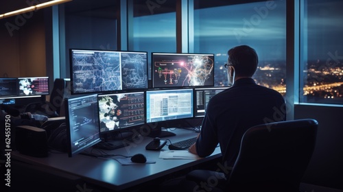 Network operations center ( NOC) with technicians monitoring network traffic, troubleshooting issues, and ensuring network performance