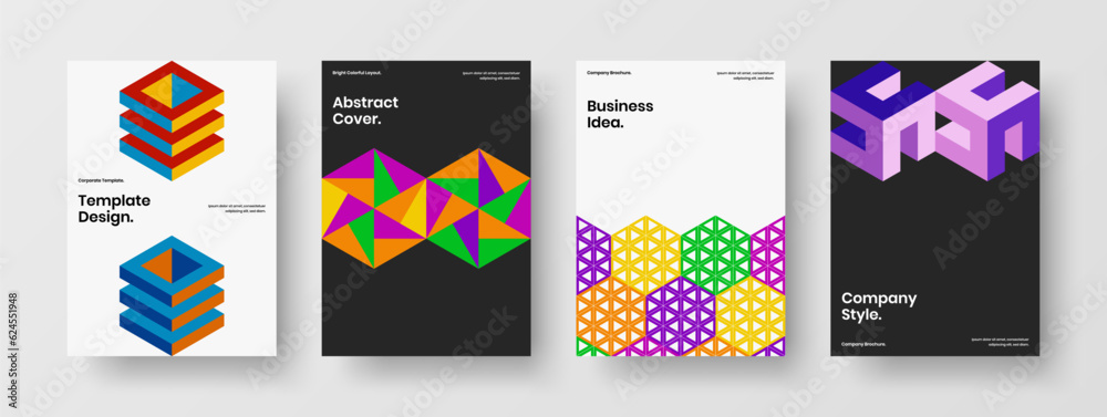 Amazing mosaic hexagons company cover template collection. Multicolored banner A4 vector design layout set.