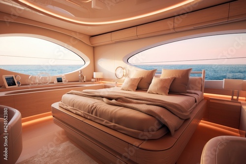 Wide-angle photo of an interior of a luxurious boat cabin. Luxurious yacht cabin,