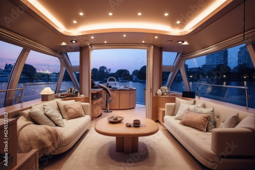 Wide-angle photo of an interior of a luxurious boat cabin. Luxurious yacht cabin,