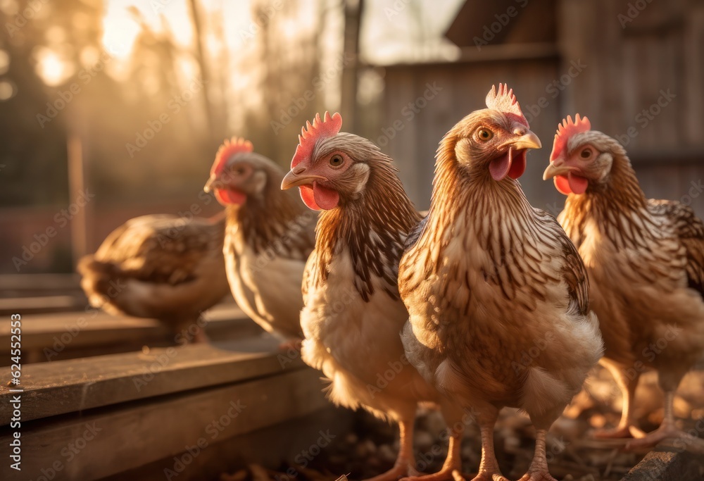 Fototapeta premium chickens walking around the farm yard. Generative AI