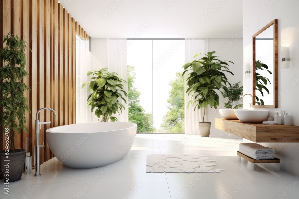 Fototapeta premium Bathroom interior decorated with green plants. Modern comfortable bathroom.