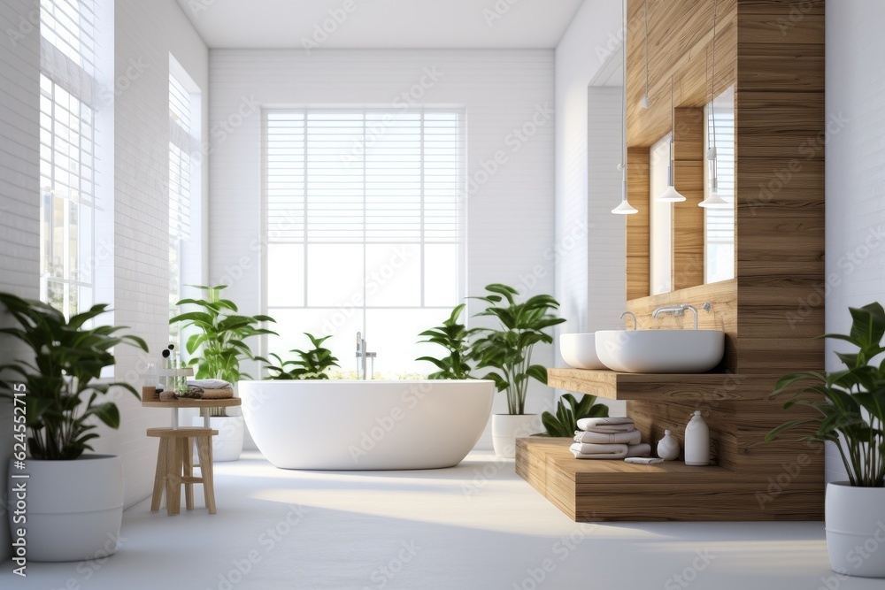 Fototapeta premium Bathroom interior decorated with green plants. Modern comfortable bathroom.