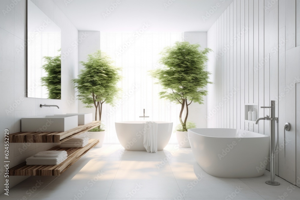 Fototapeta premium Bathroom interior decorated with green plants. Modern comfortable bathroom.