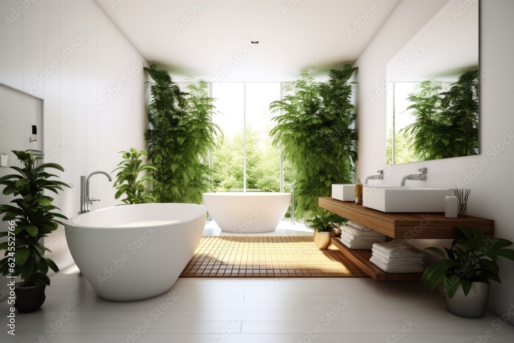 Bathroom interior decorated with green plants. Modern comfortable bathroom. Bathroom interior decorated with green plants. Modern comfortable bathroom.