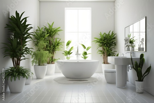 Bathroom interior decorated with green plants. Modern comfortable bathroom. © ChaoticMind