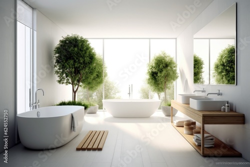 Bathroom interior decorated with green plants. Modern comfortable bathroom.