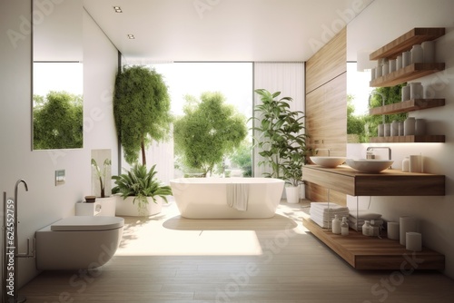 Bathroom interior decorated with green plants. Modern comfortable bathroom. © ChaoticMind