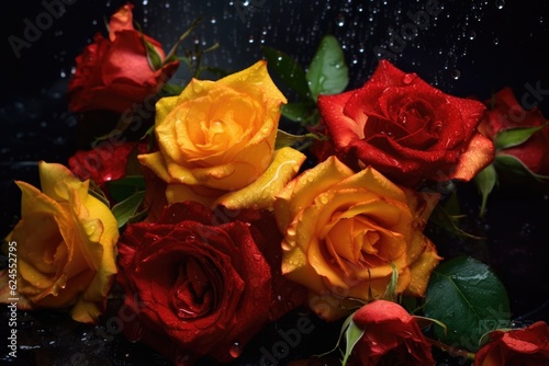 Blooming yellow and red rose flowers
