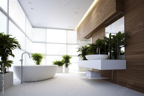 Bathroom interior decorated with green plants. Modern comfortable bathroom. © ChaoticMind