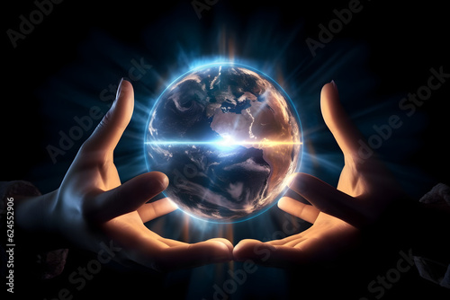 Hands Embracing a Floating Luminous Globe: Connected in Unity, generative ai