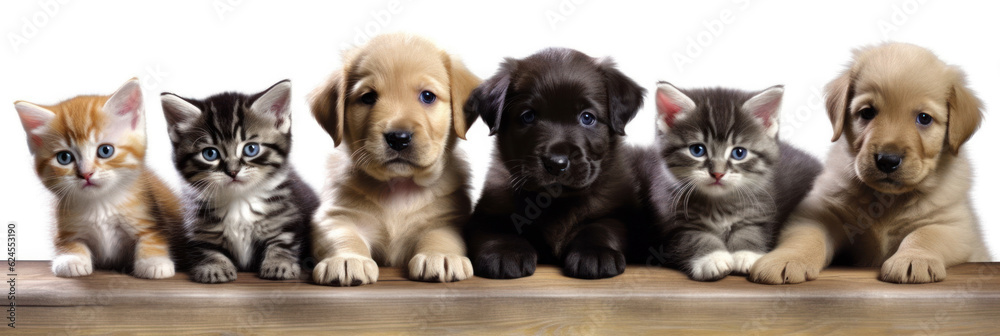 cute puppies and kittens peeking over web banner isolated white background. Generative AI cute puppies and kittens peeking over web banner isolated white background. Generative AI