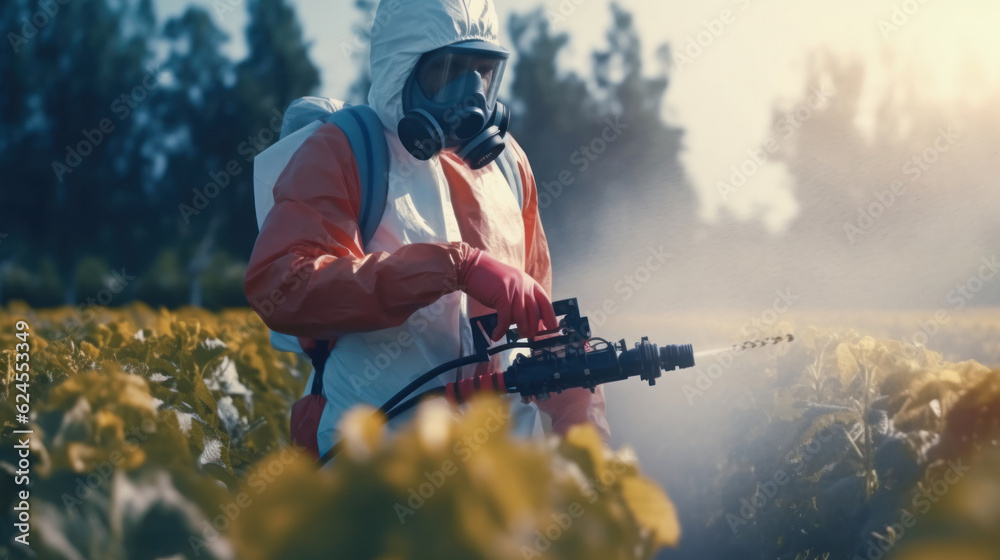 a worker or farmer in a protective suit and spray mask processes rows of plants in a field or garden. Insecticide and chemistry on a huge vegetable farm. Generative AI 