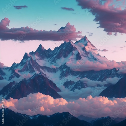 A dreamy, pastel-colored sky with a majestic mountain range in the background.
