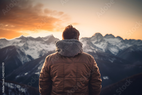 Serene Summit: Hiker's Majestic Sunset on Mountain Peak