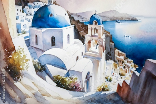 Watercolor painting modeled on the island of Santorini in summer. Concept illustration of medieval Greece, the sea, and Europe in summer. Made with Generative AI