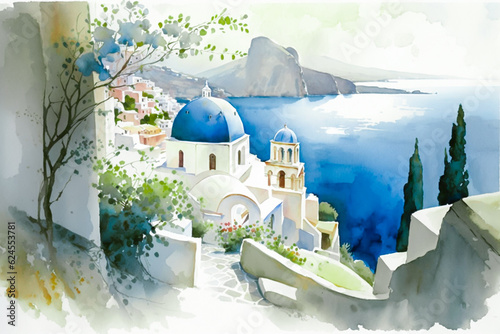 Watercolor painting modeled on the island of Santorini in summer. Concept illustration of medieval Greece, the sea, and Europe in summer. Made with Generative AI