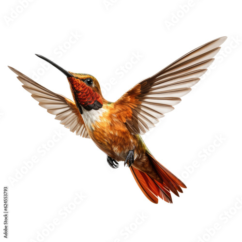 a Allen's Hummingbird Selasphorus sasin in flight, iridescent feathers a copper flash in a Nature-themed, photorealistic illustration in a PNG, cutout, and isolated. Generative AI © Purple Penguin GFX