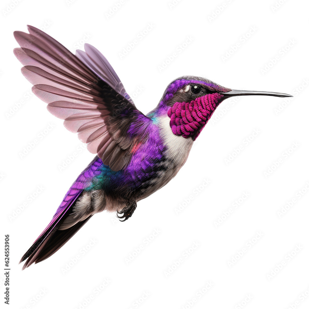 an oasis hummingbird (Rhodopis vesper )in-flight, wings spread a side view in a Nature-themed, photorealistic illustration in a transparent PNG, cutout, and isolated. Generative AI