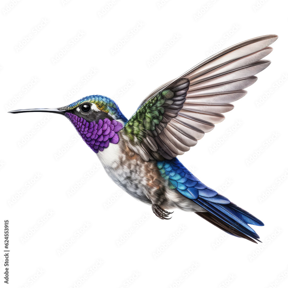 Obraz premium an oasis hummingbird (Rhodopis vesper )in-flight, wings spread a side view in a Nature-themed, photorealistic illustration in a transparent PNG, cutout, and isolated. Generative AI