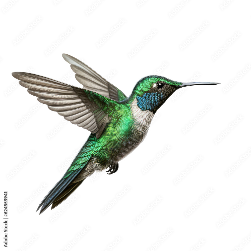 Fototapeta premium an Emerald-chinned hummingbird (Abeillia abeillei) in-flight, wings spread, a side view in a Nature-themed, photorealistic illustration in a transparent PNG, cutout, and isolated. Generative AI